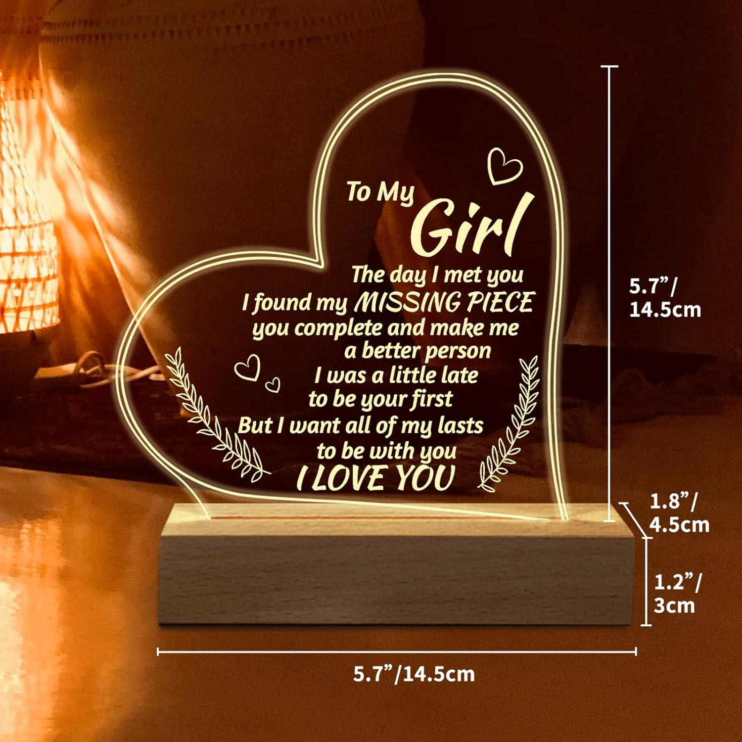 Engraved Night Light for Girlfriend - Romantic Gift for Anniversary or Birthday