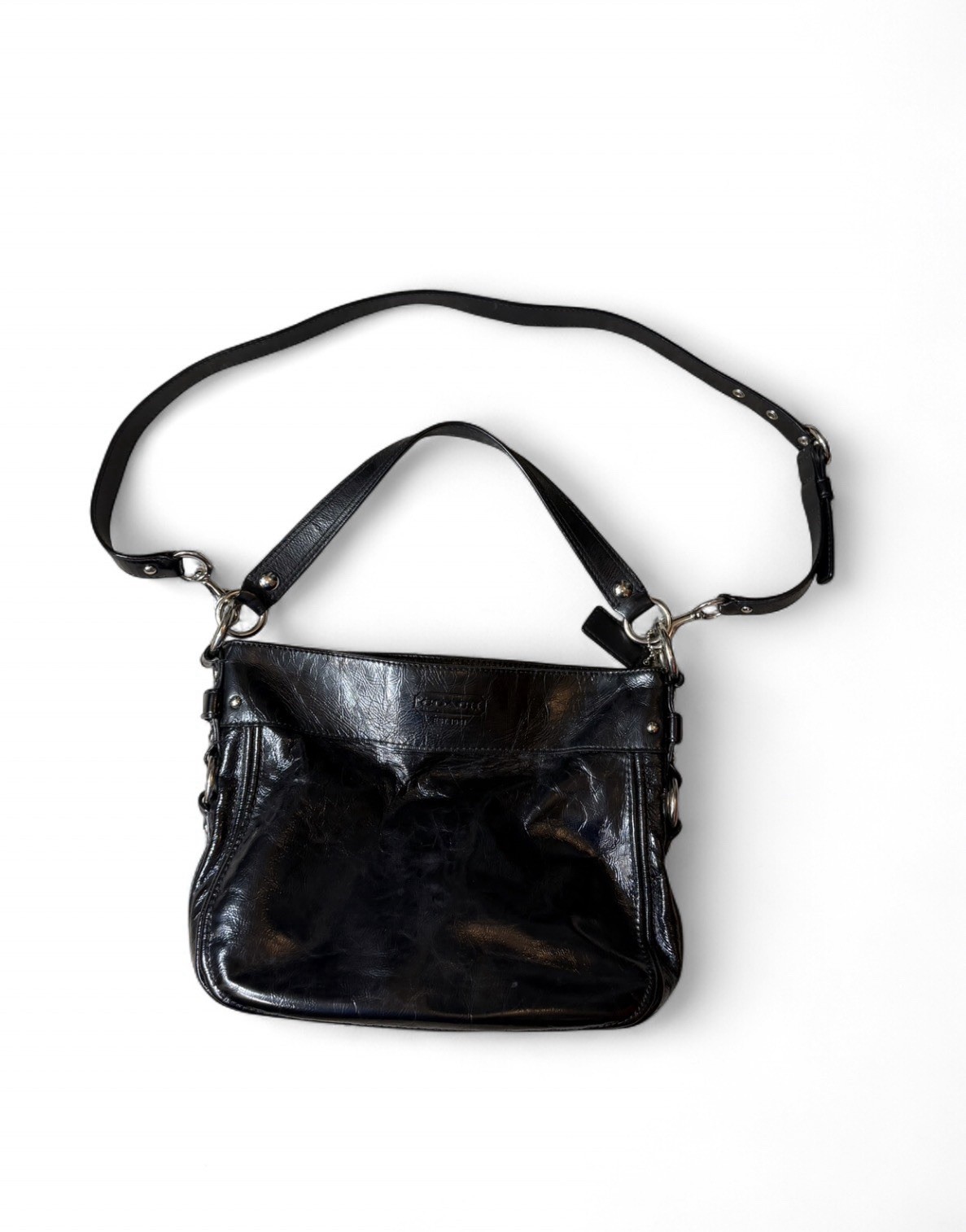Coach Zoe Black Patent Leather Hobo Shoulder Bag Crossbody Silver Hardware Y2K