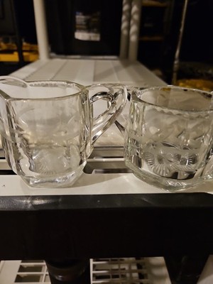 Crystal Floral Pressed Etched Cut Creamer and Sugar Set