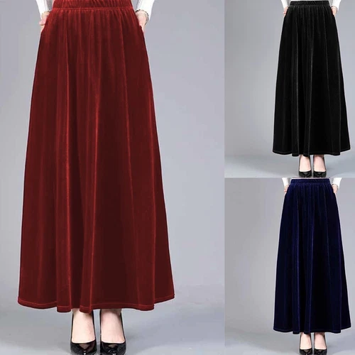 Eleganter langer Damen Samtrock mit hoher Taille und stilvoller Aline Form - Bild 2 von 42