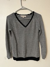 LOFT Womens Sweater Size XS Black Striped Knit V Neck Preppy Classic Pullover