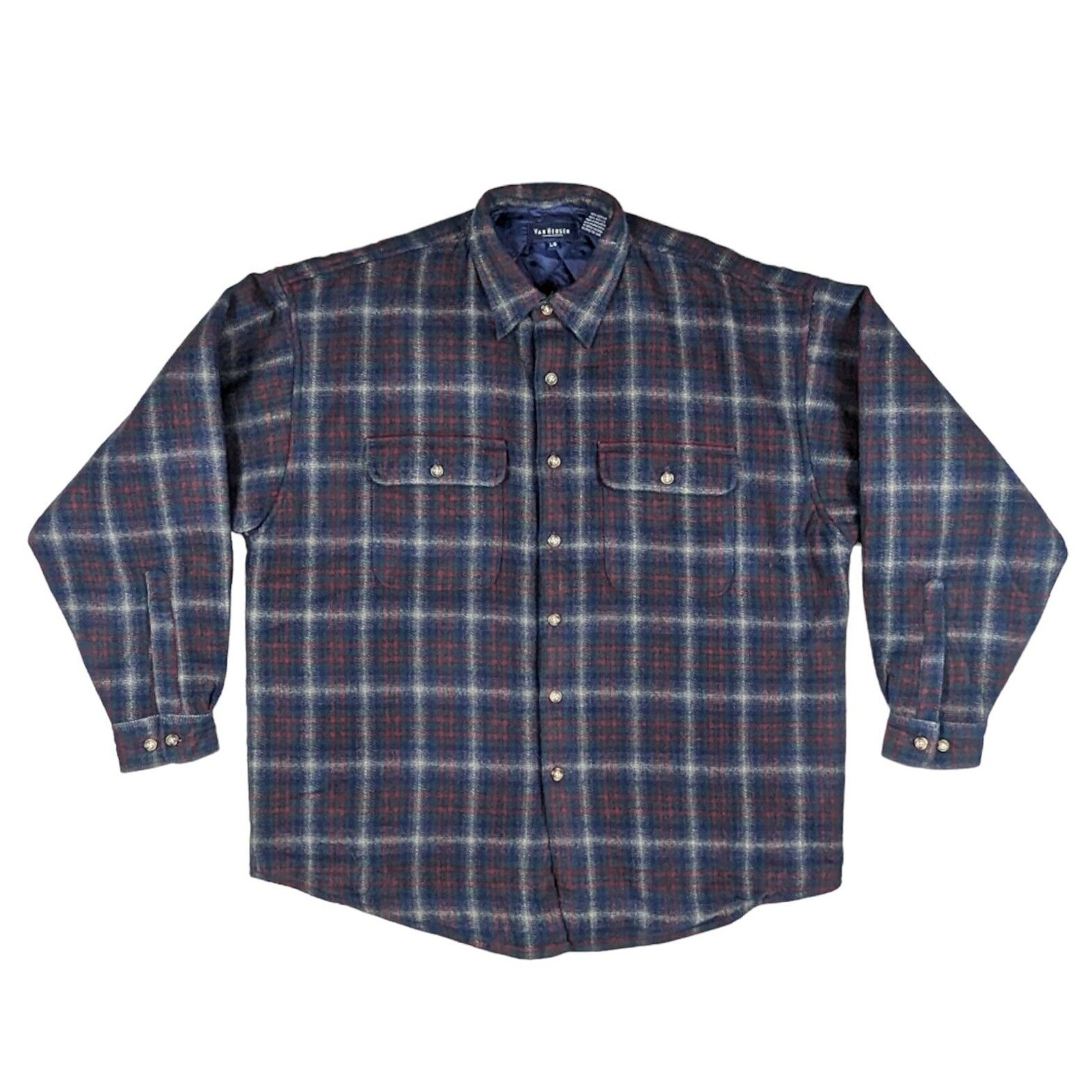 Van Heusen Mens Blue Plaid Flannel Shirt Jacket with Quilted Lining - Size Large