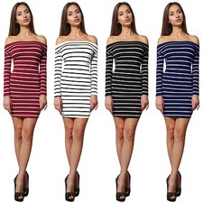 NE PEOPLE Women's Bodycon Off Shoulder Long Sleeved Stripe Dress [NEWDR81]