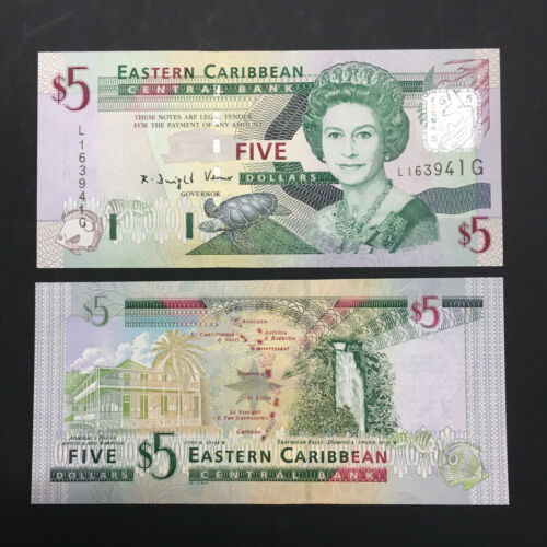 B0053- East Caribbean 5 Dollars $5 (2003) Grenada banknote Queen QEII - UNC - Picture 1 of 1