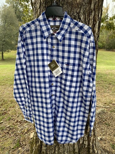 Drake Waterfowl Gingham Plaid Long Sleave shirt Pacific Blue Sz Medium - Picture 2 of 6