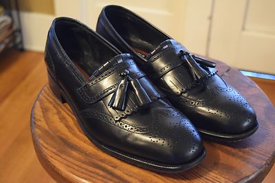 Florsheim Black Leather Sole Wingtip Loafers w/ Tassel Men display picture 3