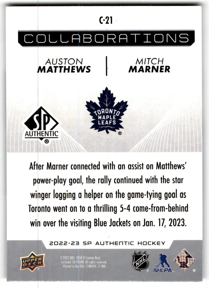 2022-23 SP Authentic Collaborations Auston Matthews/Mitch Marner #C-21 - Image 2 of 2