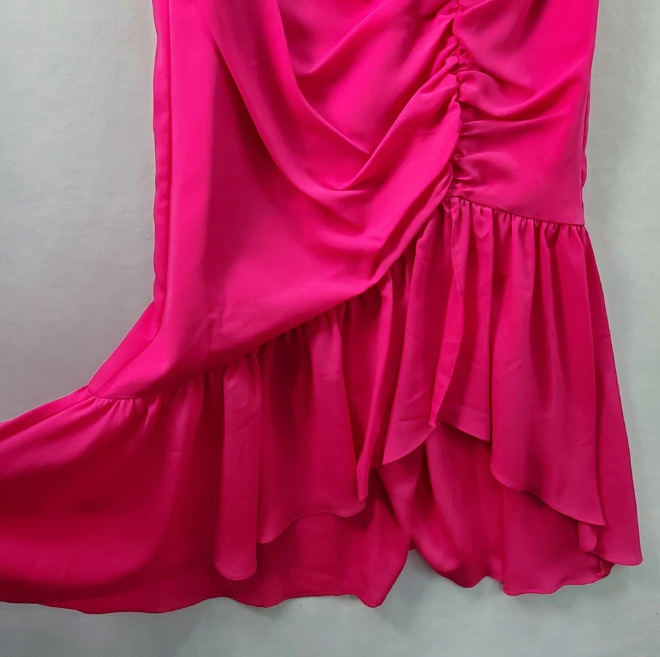 Maxi Vestido Aidan Mattox Mujer Talla 8 Rosa Brillante Un Hombro Alto Lo Volantes Foto 4 de 4