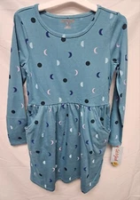 New Girls' Printed Long Sleeve Knit Dress Small 6/6X Cat & Jack, Aqua Moon 