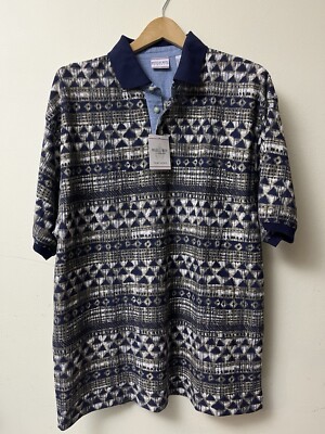 Vintage Bugle Boy Polo Shirt Men s Large 90s All Over Art Pattern Print New
