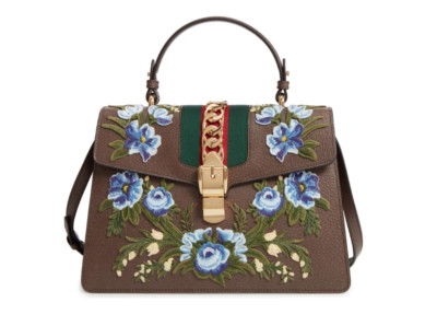 GUCCI Medium Sylvie Embroidered Top Handle Leather Shoulder Bag X4013