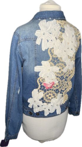 Chaqueta vaquera azul personalizada apliques de encaje Cottage Core reciclado festival boho - Imagen 4 de 21