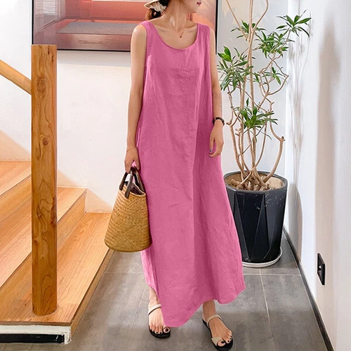 Womens Loose Camisole Dress Round Neck Cotton Linen Pocket Sleeveless Long Gown - Bild 11 von 30