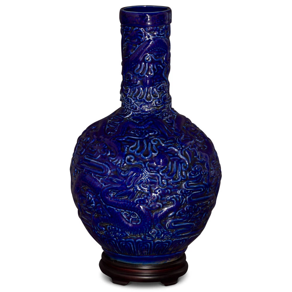 US SELLER - Dark Blue Porcelain Imperial Dragon Motif Chinese Temple Vase