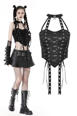 DARK IN LOVE Black Gothic Punk Rock Hole Halter Strappy Crop Top Women T-Shirt