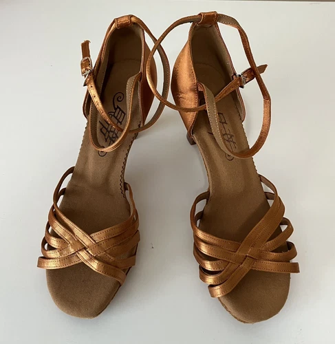 Women's Bronze Color Latin Dance Ballroom Hell Shoes Ankle Strap Stiletto Sz 37