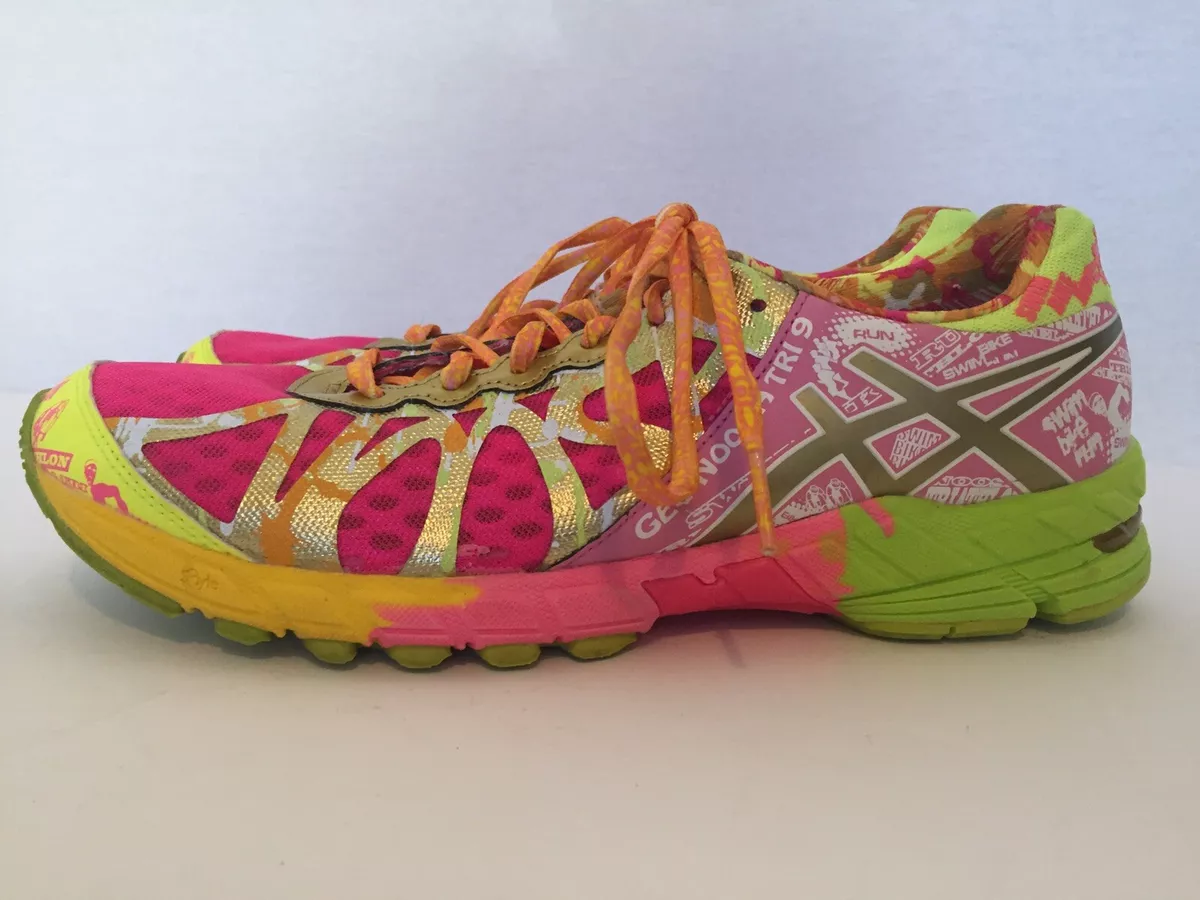 Asics Gel Noosa Tri 9 Womens 9.5 Pink Yellow Gold Running Sneakers T4M6N Cancer