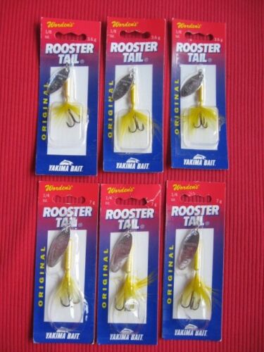6 Yellow Wordens Yakima ORIGINAL ROOSTER TAIL SPINNER - 3 Each 1/4 oz & 1/8 oz