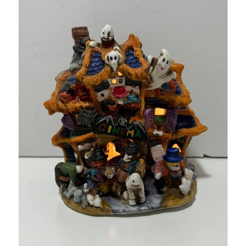 SPOOKY HOLLOW Villaggio Halloween CINEMA STREGATO Scatola Casa Porcellana Illuminata - Foto 1 di 6