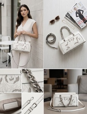 Karl Lagerfeld Cream White Floral Appliqué Heavy Chain Handles Shoulder Bag NWT