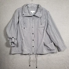 CJ Banks Jacket Womens 1X Blue Gingham High Neck Cotton Snap Cord Utility Preppy