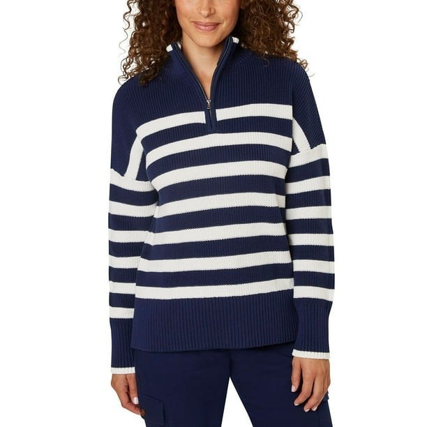 NWT Lands End Womens  Coastal Sweater Sz L Quarter Zip Cotton Navy Ivory Stripes
