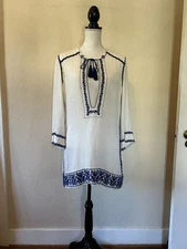 Isabel Marant Etoile Varyia White Cotton Micro Mini Tunic Dress Blue Trim Sz 40