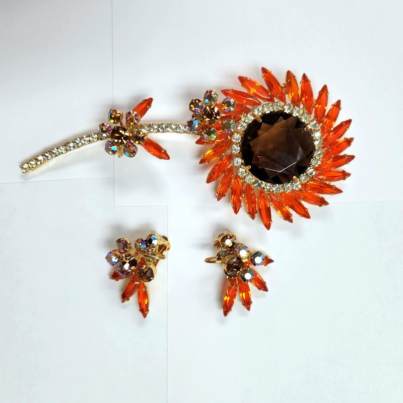 🧡 Juliana Book Piece Orange AB Rhinestone Flower Brooch & Clip Earrings RARE 🧡