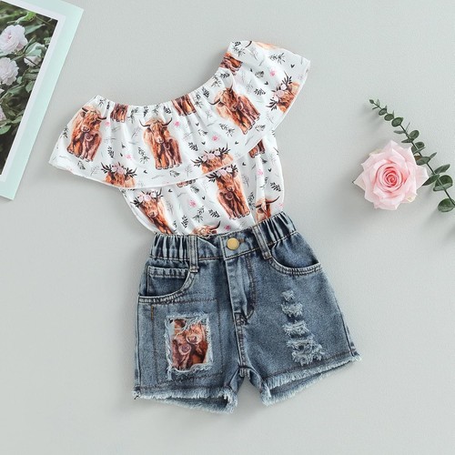 Toddler Kids Baby Girl 2Pcs Summer Outfit Set Cow Print Top Denim Shorts Clothes - Picture 12 of 12