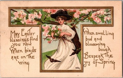 Easter Blessings Lady Blossoms Birds HB Griggs Antique Postcard HBG KP15