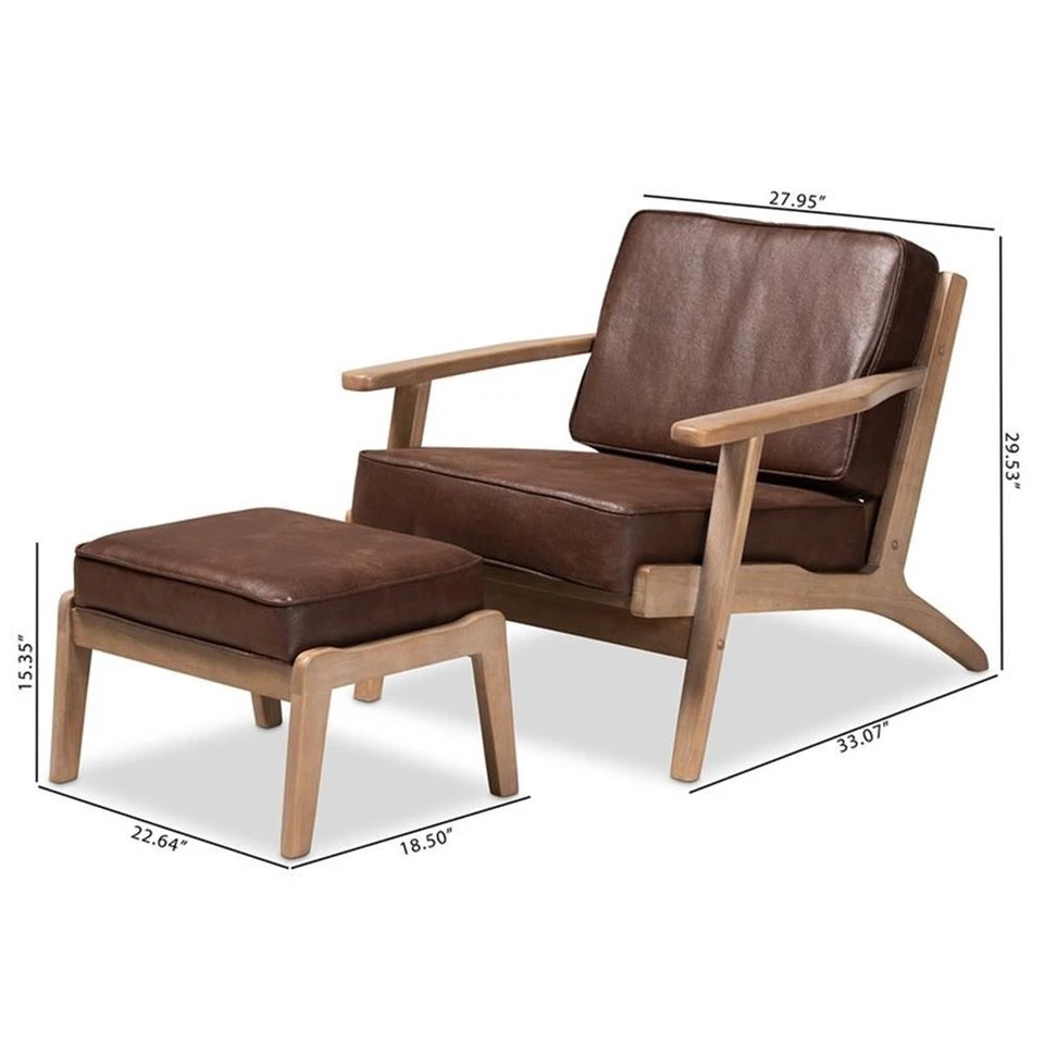 Juego de sillón y otomana Baxton Studio Sigrid marrón oscuro imitación cuero roble Foto 3 de 4