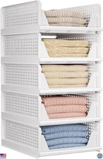 5 Pack Stackable Plastic Storage Bins, Closet Organizers, White Drawer Baskets