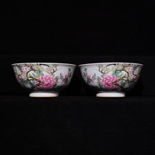 A Pair Nice Chinese Antique Art Hand Famille Rose Porcelain Flowers Bowl