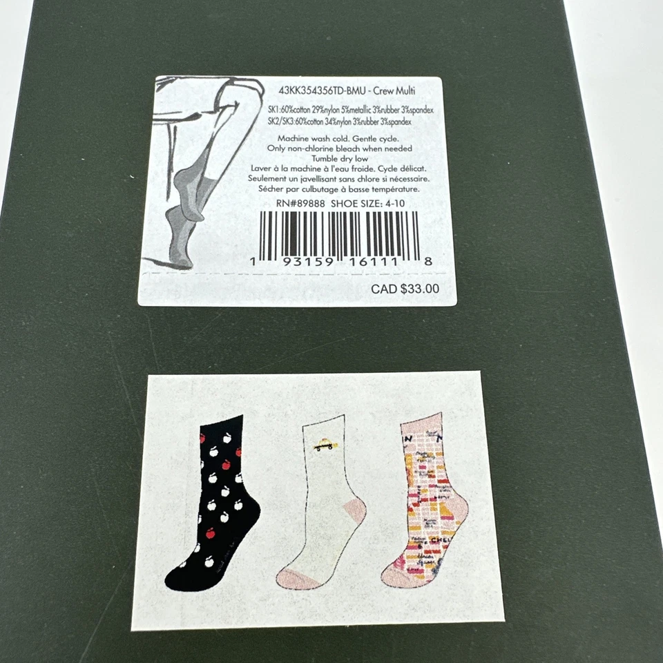 Kate Spade Нью-Йорк 3 упаковки NYC Apple такси экипажа носки, черный/мульти, новый в коробке - Изображение 3 из 3