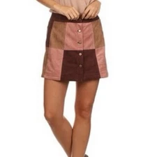 70s-style Patchwork Mini Skirt Faux Suede Brown and Pink Sz L 30w
