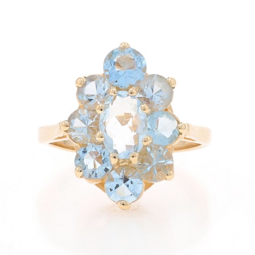Yellow Gold Aquamarine Cluster Cocktail Halo Ring -14k Oval & Rnd 2.63ctw Flower - 第 1/9 張圖片