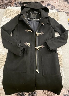 J Crew Womens 4 Melton Wool Long Hooded Black Zip Toggle Button Winter Pea Coat