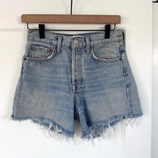 AGOLDE Parker Long High Rise Denim Shorts Skyewave Blue Raw Hem 24