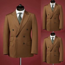 Khaki Men's Suits Double Breasted Jacket 2Pcs Peak Lapel Coat Business Tuxedos