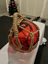 Large 8" Diameter Nautical Fishing Float Red Glass with Buoy Rope