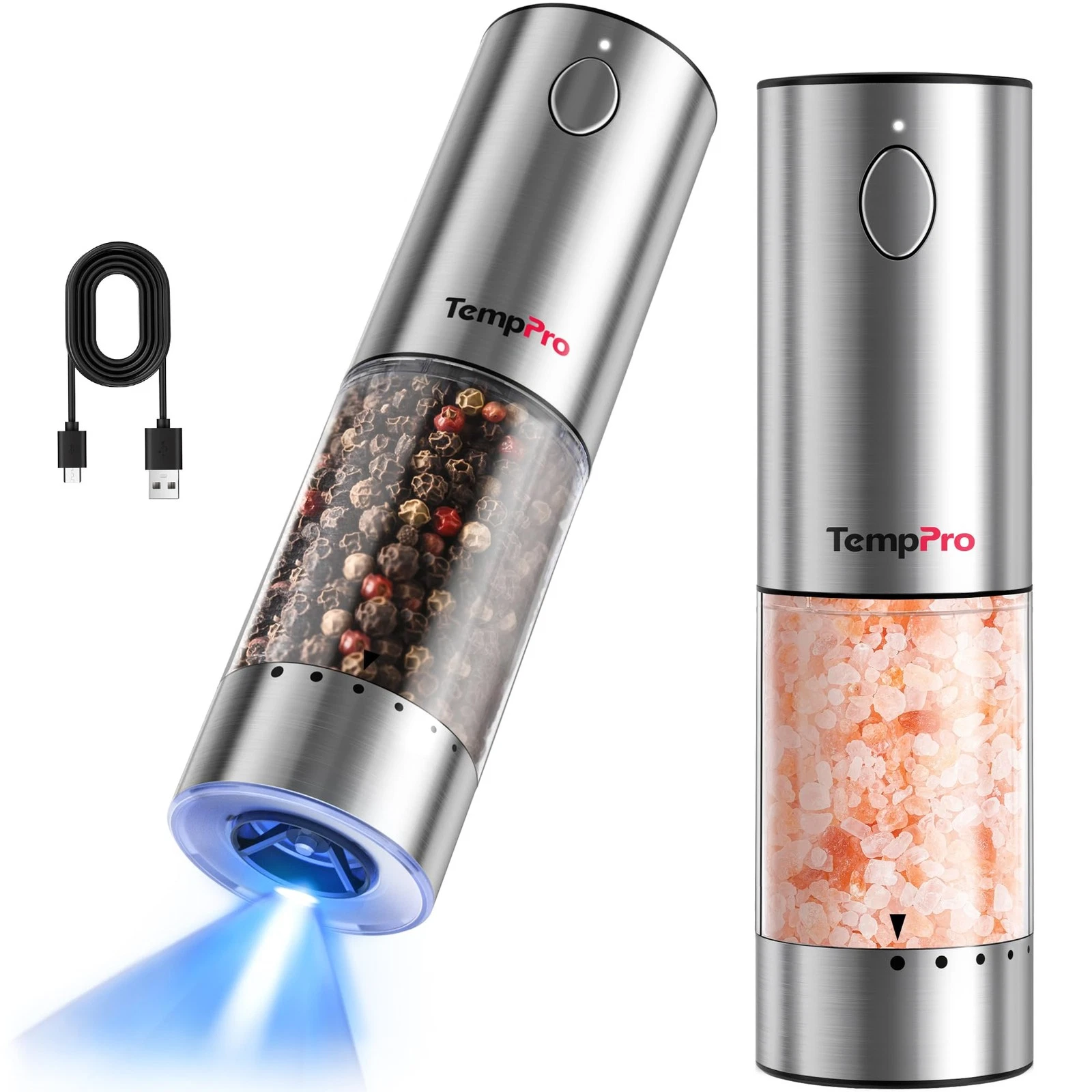 TempPro 100ml Electric Salt and Pepper Grinder Set Rechargeable, Automatic Pe...