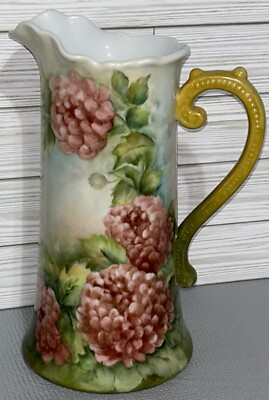 Vintage Porcelain Tall 12  Pitcher Blue & Green W/Pink Peonies Signed Veda 1960