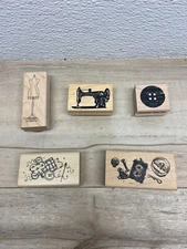 Set Of 5 Mixed Brands Sewing Wood Mounted Rubber Stamps