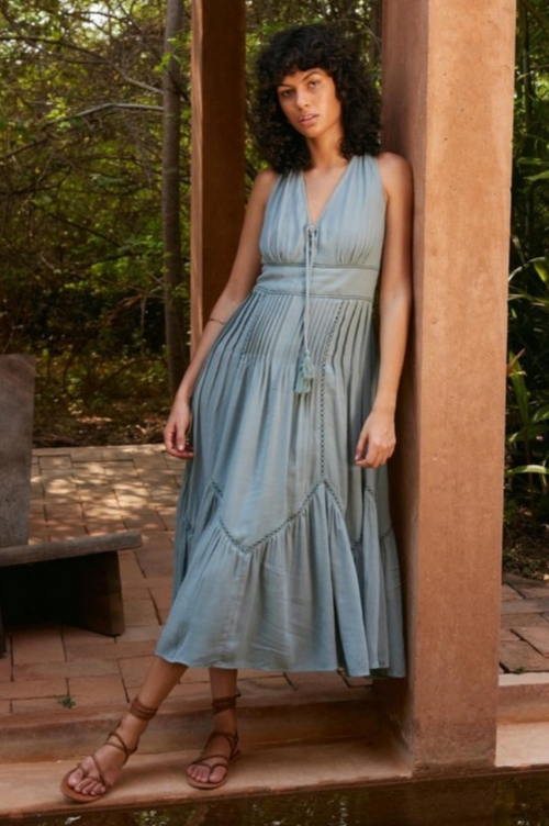 LoveStitch Santa Rosa Bohemian Maxi Dress S Green Sleeveless Hippie Cottage