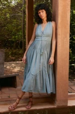 LoveStitch Santa Rosa Bohemian Maxi Dress S Green Sleeveless Hippie Cottagecore