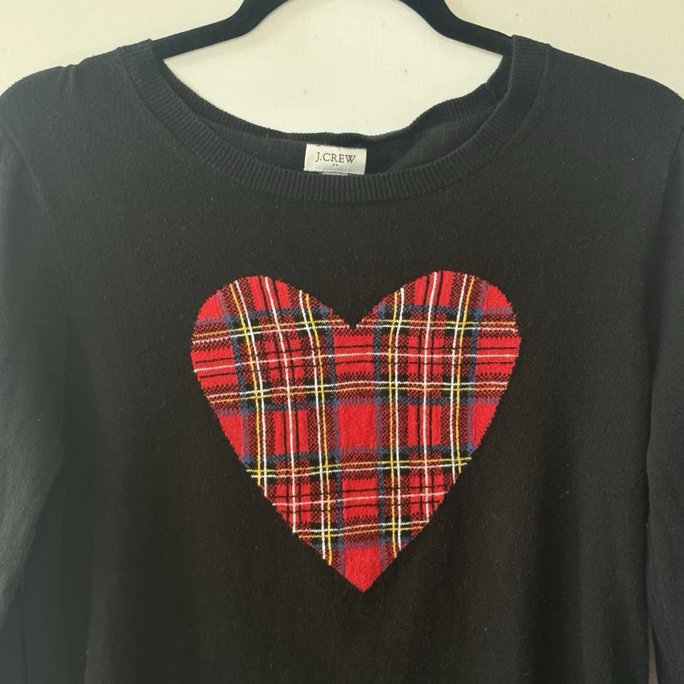 Suéter J CREW Mediano Tartán Cuadros Corazón Negro 100% Algodón Preppy Cottagecore Foto 4 de 4