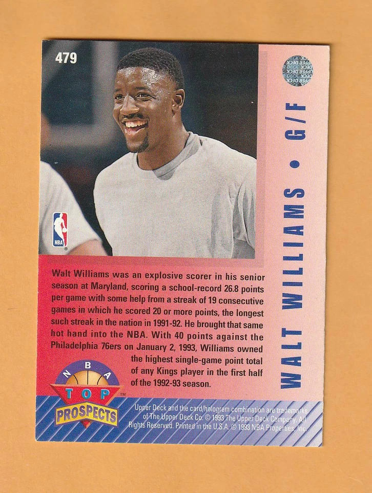 Walt Williams Sacramento Kings AUTO Signed 1992-93 Upper Deck Maryland 3C - Image 2 of 2