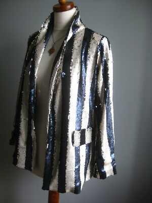 LOST INK sequin JACKET TUXEDO BLAZER midnight blue silver 6 showman ringmaster