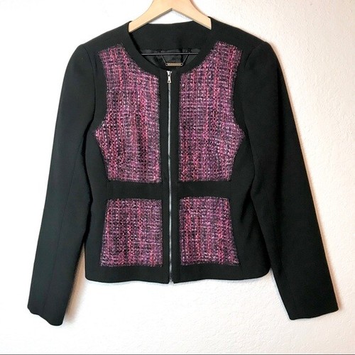 Blazer Jacket Tweed Front Zip Pink 