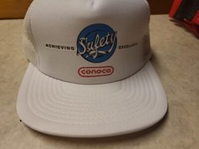Vintage Conoco Safety Excellence Gas Oil Mesh Trucker Snapback White Hat Cap